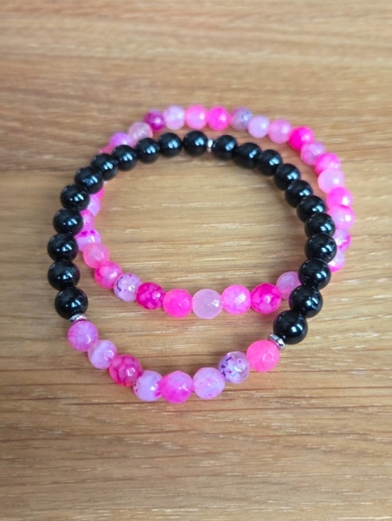 Hand Crafted Jewelry - Pink Botswana Agate & Black Onyx Beads Bracelet Set, Stretch, Hand Crafted